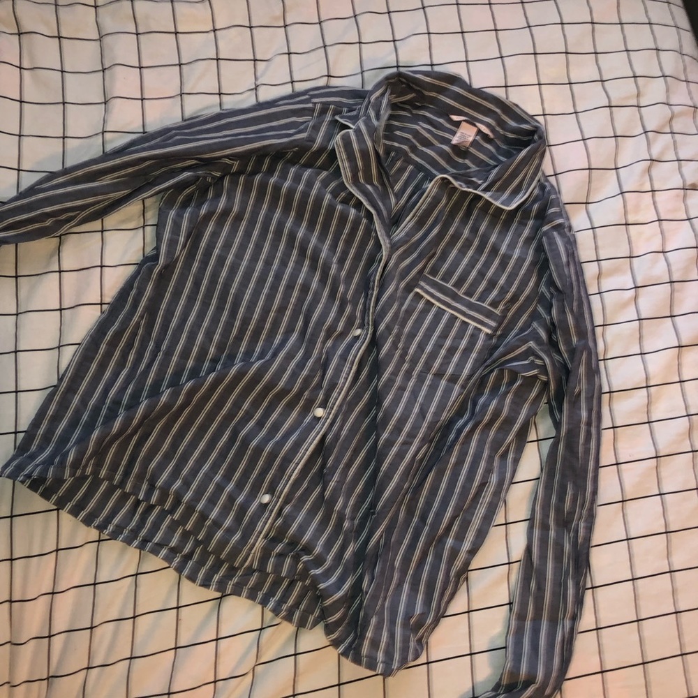 blue and white striped button up